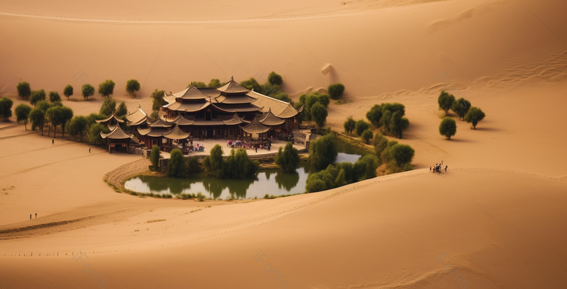 沙漠的中心有几座,中国传统建筑绿色的树木围绕在房子周围,高清,摄影图,摄影图片,图片大全,摄影图免费下载